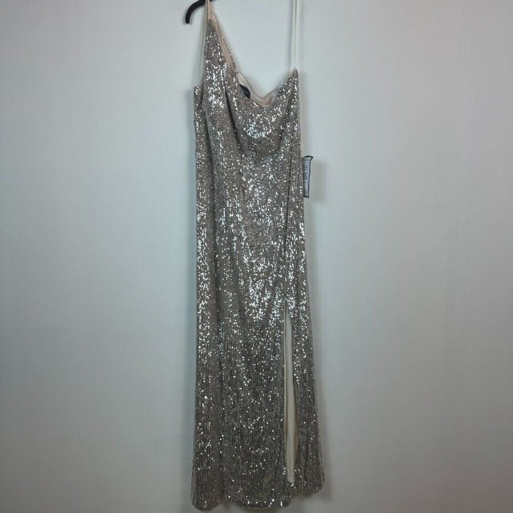 Xscape Tan Sequin One-Shoulder Gown with Slit - Picture 2 of 4
